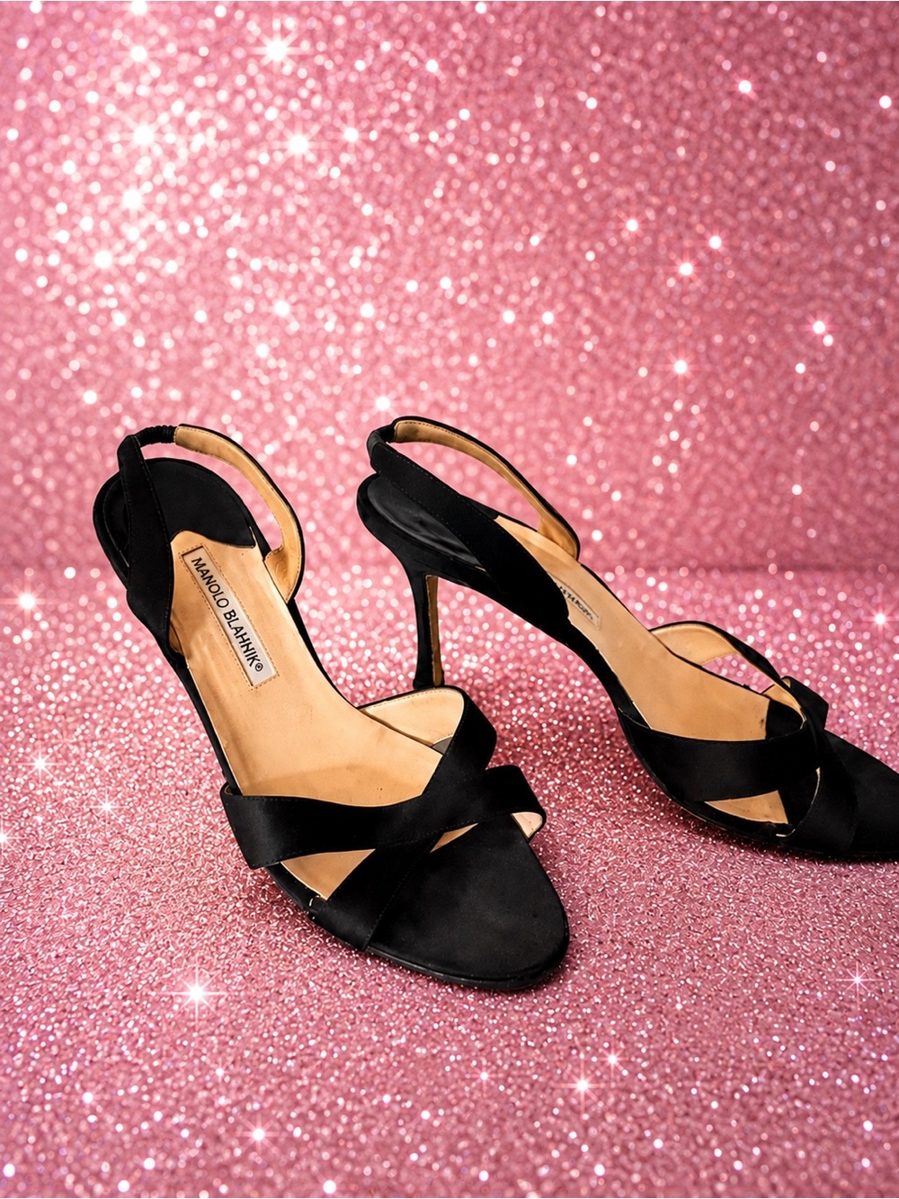 Manolo Blahnik Vintage Black Satin X-Strap Slingback Heels 40.5 Made in Italy